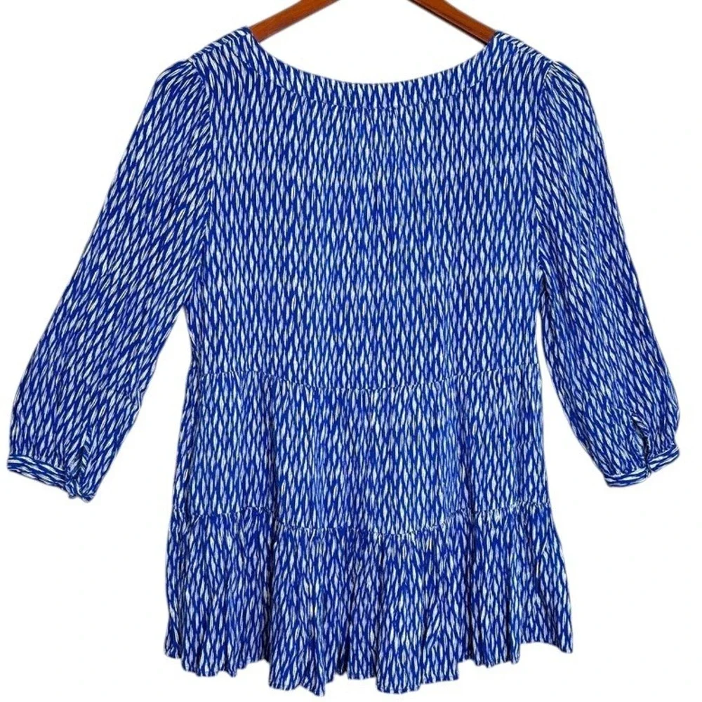 Anthropologie Maeve Abstract Ikat Button Blouse Sz M Tiered Peplum Boho Chic Top